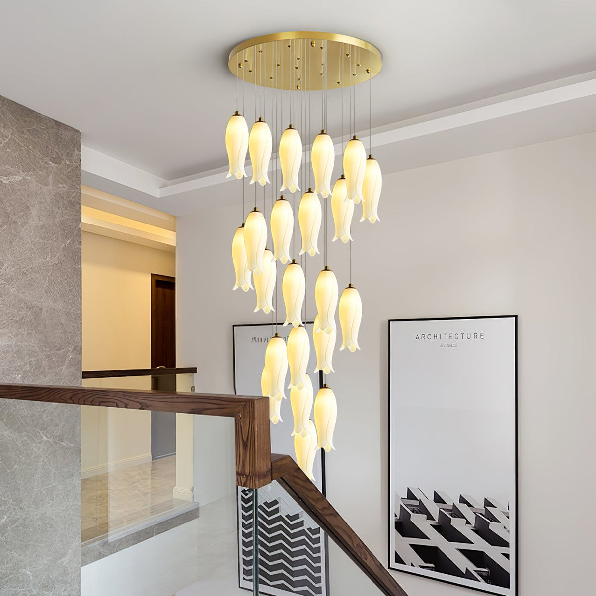 Luma Flora Stairs Chandelier – Cascading Ceramic Petal Light for Grand Interiors
