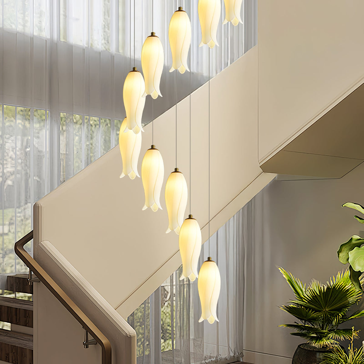 Luma Flora Stairs Chandelier – Cascading Ceramic Petal Light for Grand Interiors