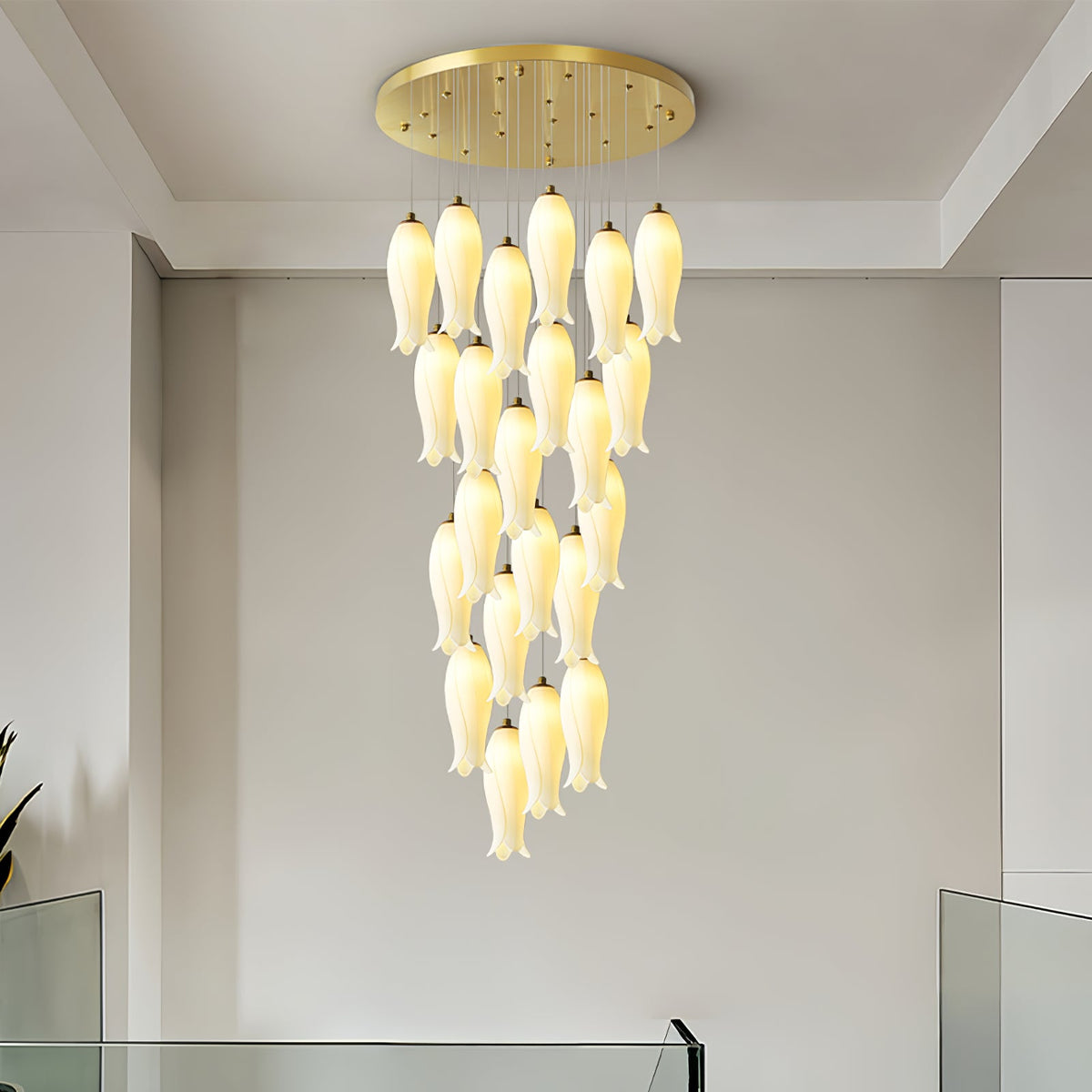 Luma Flora Stairs Chandelier – Cascading Ceramic Petal Light for Grand Interiors