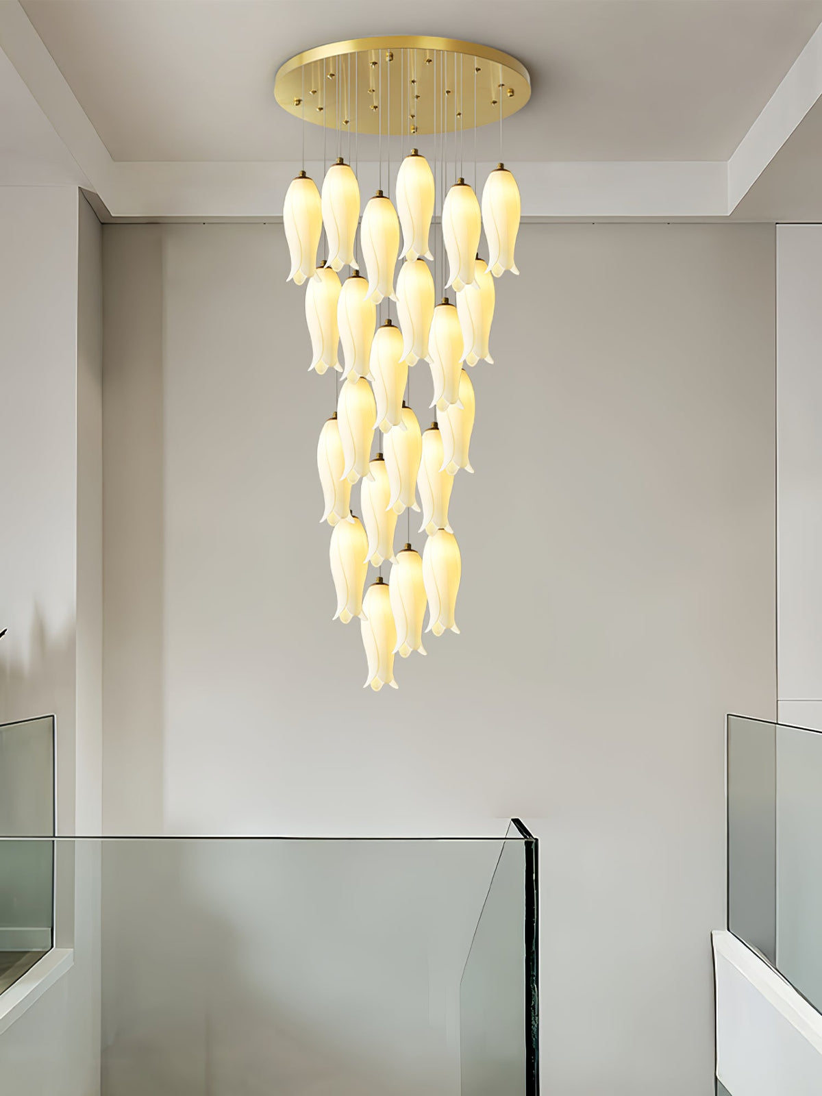 Luma Flora Stairs Chandelier – Cascading Ceramic Petal Light for Grand Interiors