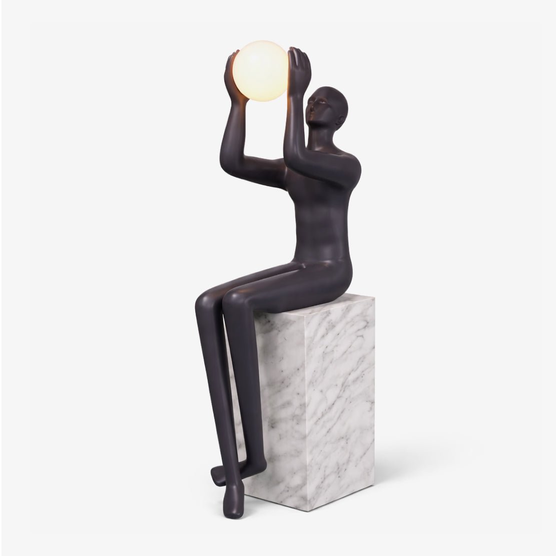Sculptural Matte Black Floor Lamp with Marble Base and Glowing Orb
