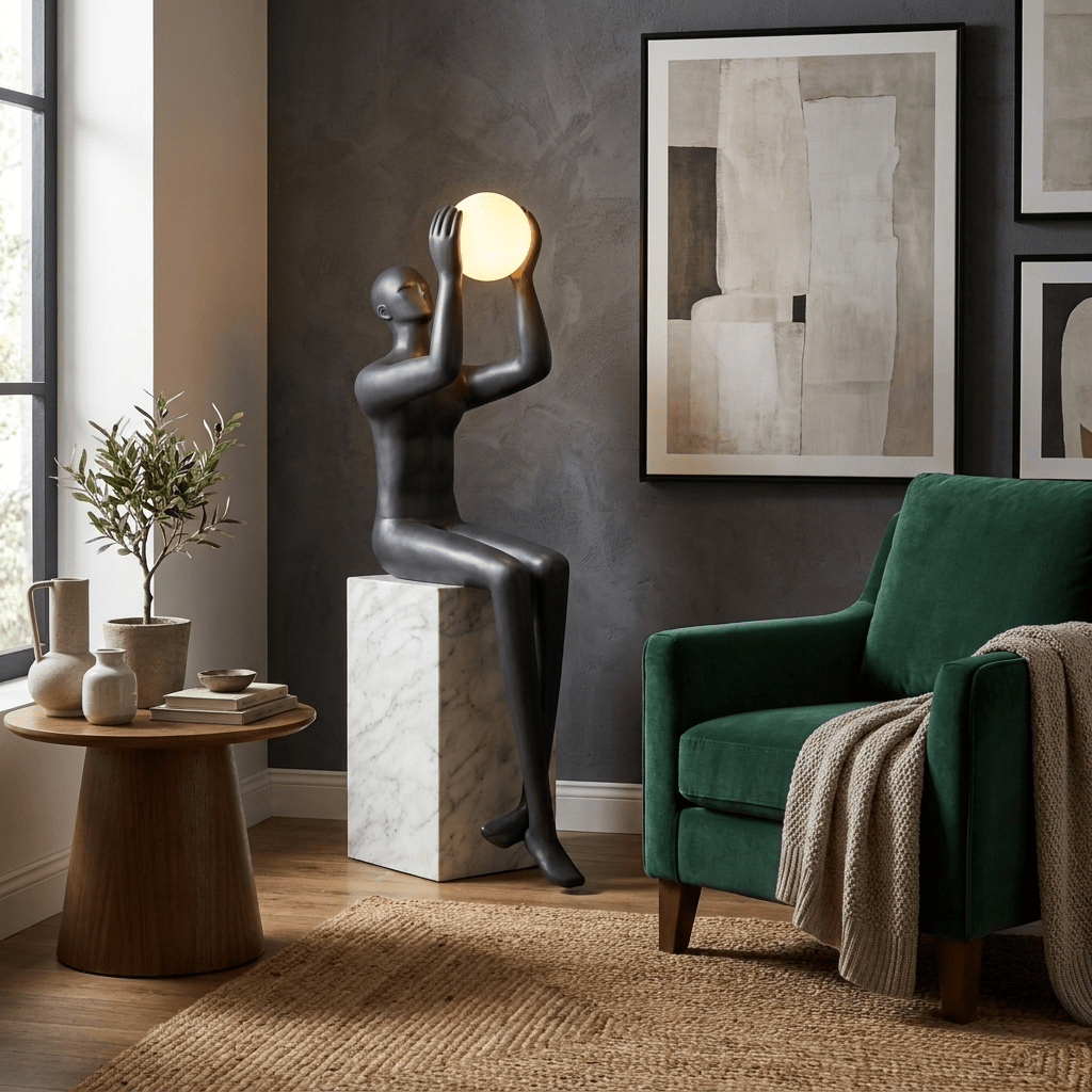 Sculptural Matte Black Floor Lamp with Marble Base and Glowing Orb