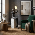 Sculptural Matte Black Floor Lamp with Marble Base and Glowing Orb