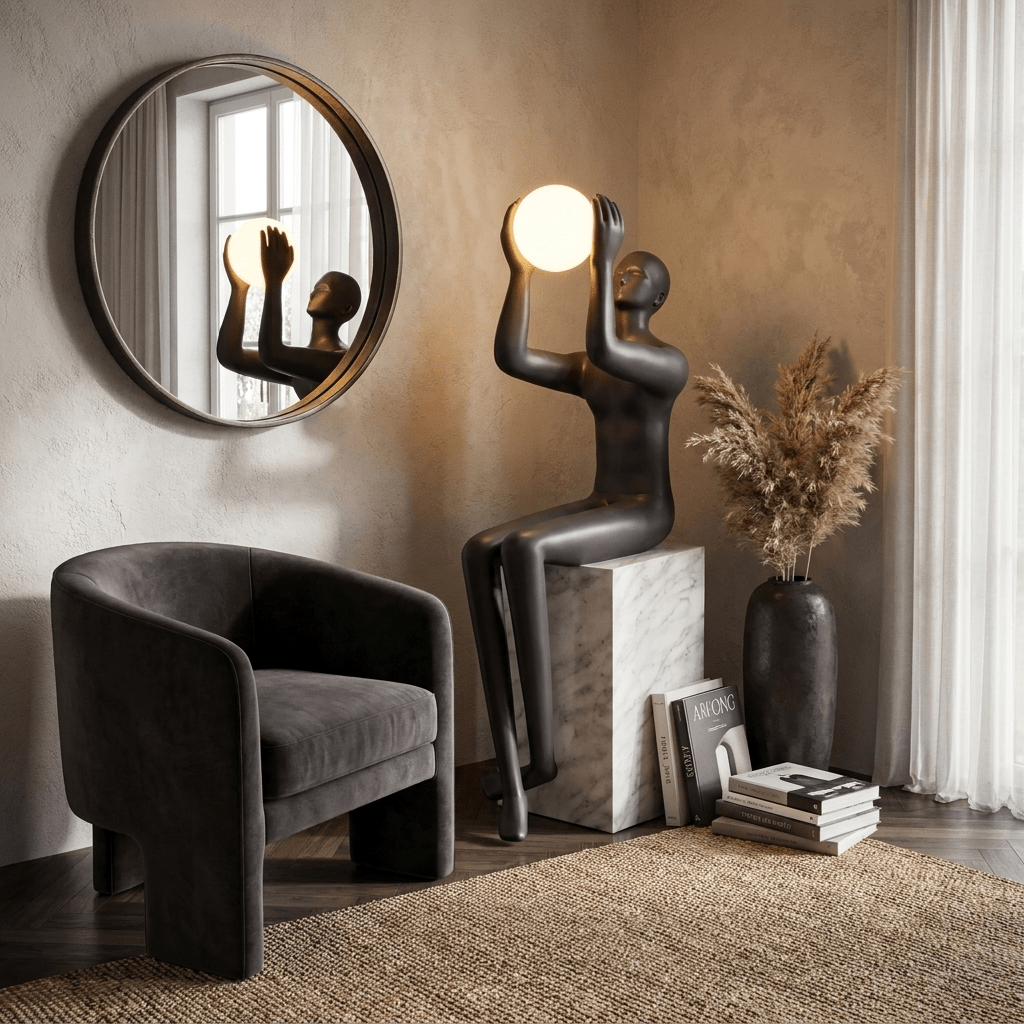 Sculptural Matte Black Floor Lamp with Marble Base and Glowing Orb