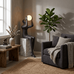 Sculptural Matte Black Floor Lamp with Marble Base and Glowing Orb