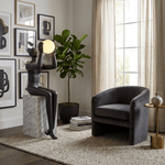 Sculptural Matte Black Floor Lamp with Marble Base and Glowing Orb