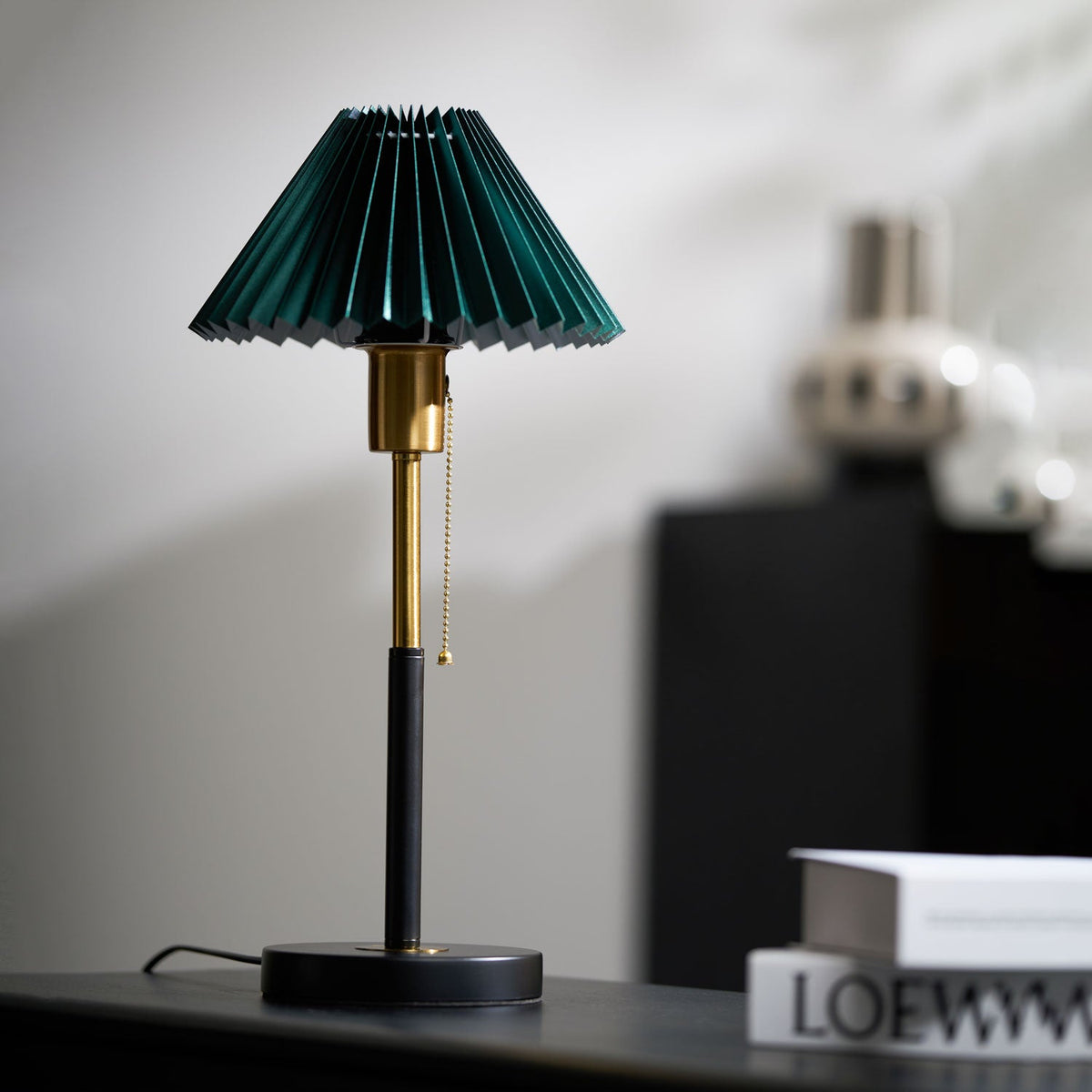 Lumi Pleated Table Lamp – Velvet Shade, Brass & Black Metal Base