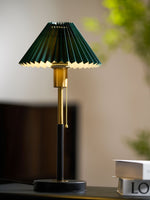 Lumi Pleated Table Lamp – Velvet Shade, Brass & Black Metal Base