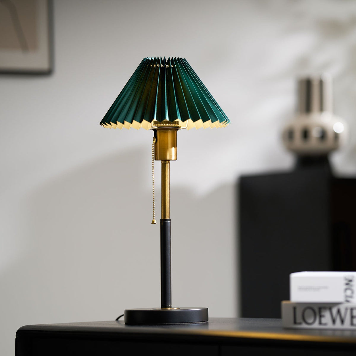 Lumi Pleated Table Lamp – Velvet Shade, Brass & Black Metal Base