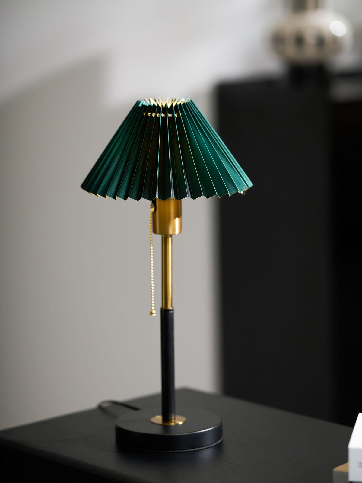 Lumi Pleated Table Lamp – Velvet Shade, Brass & Black Metal Base