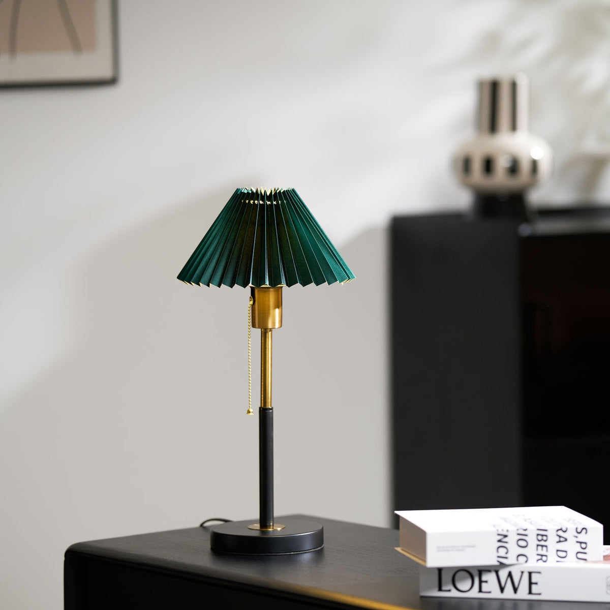 Lumi Pleated Table Lamp – Velvet Shade, Brass & Black Metal Base