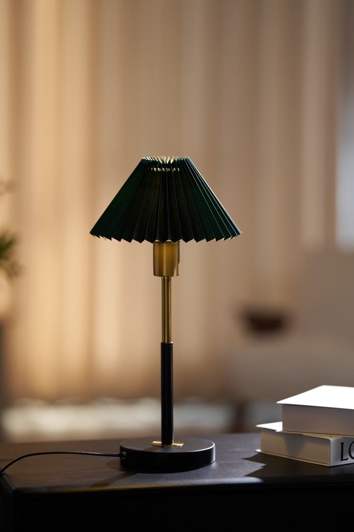 Lumi Pleated Table Lamp – Velvet Shade, Brass & Black Metal Base