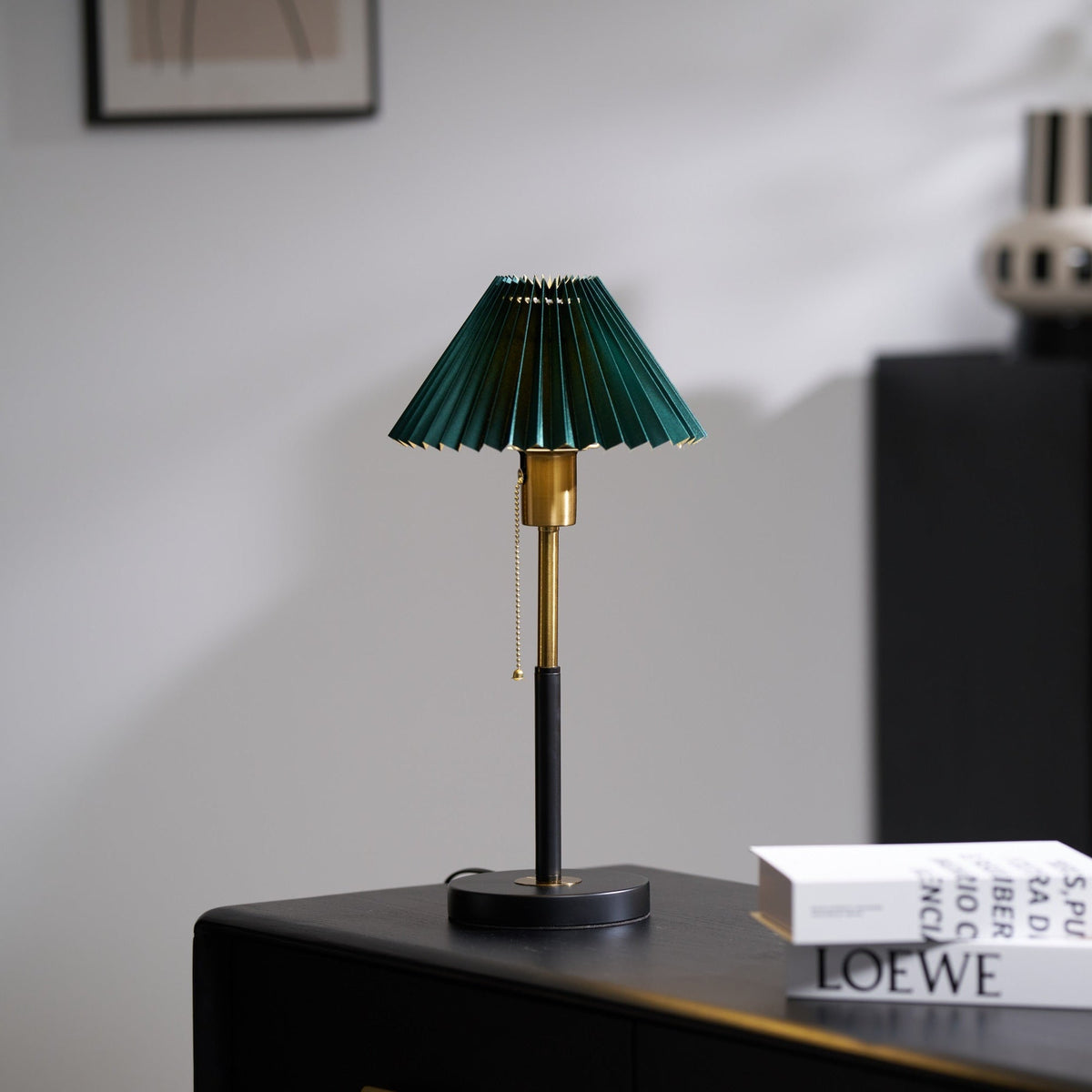 Lumi Pleated Table Lamp – Velvet Shade, Brass & Black Metal Base