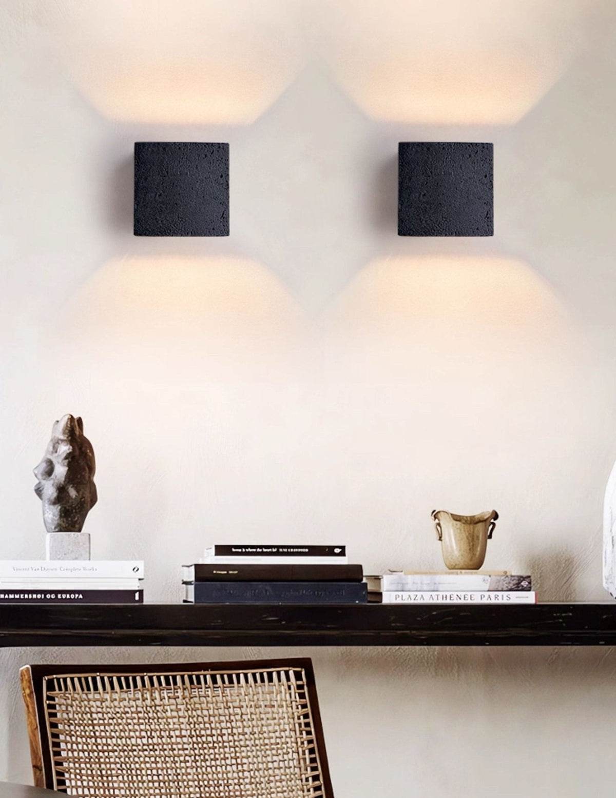 Lumina Void Sconce — Black Travertine Wall Light with Warm Glow