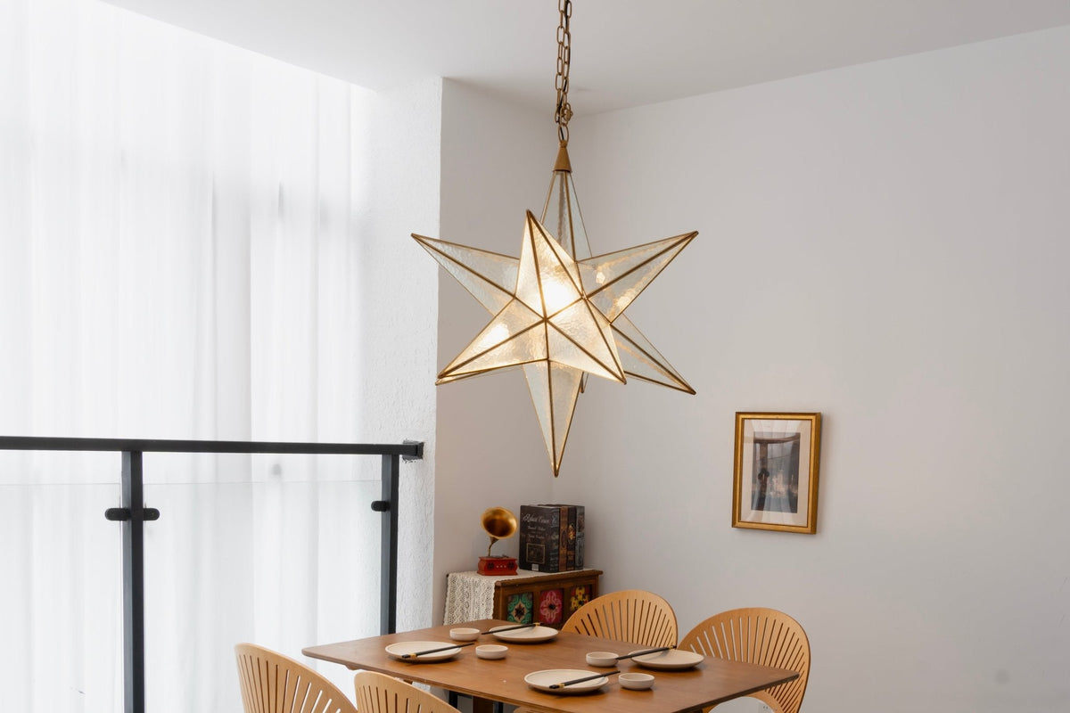 Luminara Star Chandelier – Brass & Glass Starburst Pendant Light