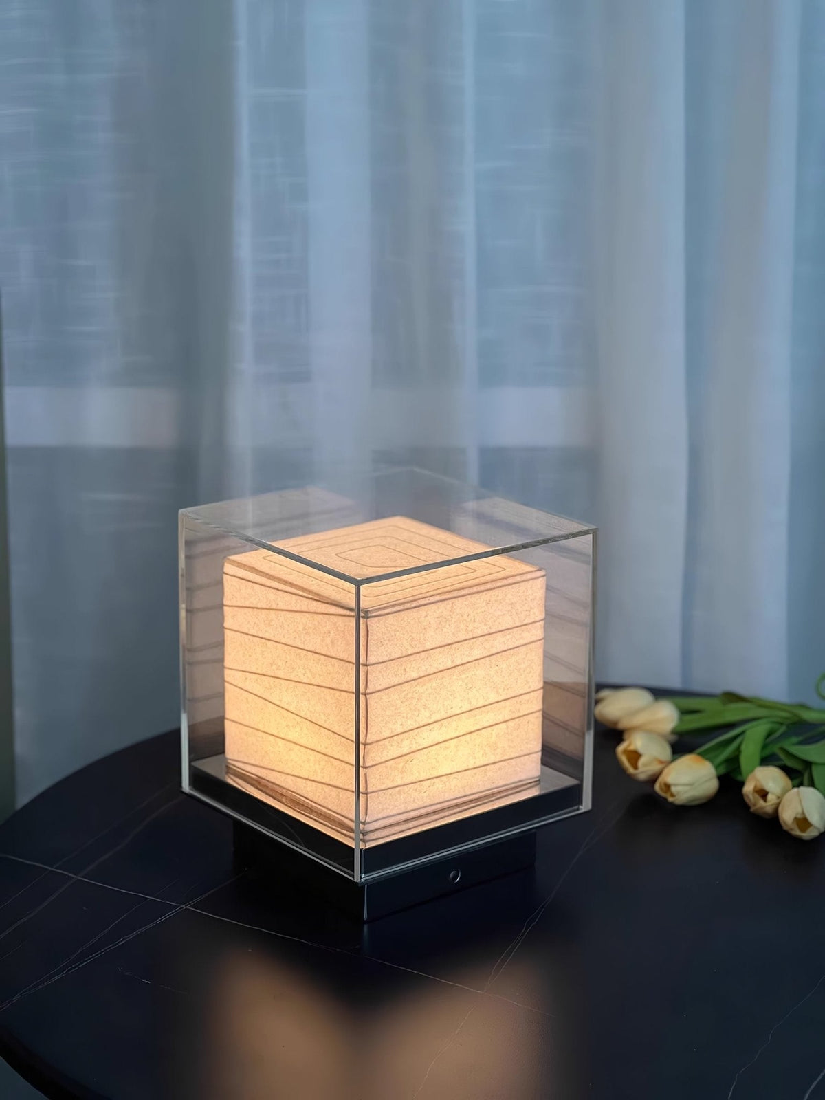 Lumo Cube Table Lamp – Modern Glass & Fabric LED Accent Light