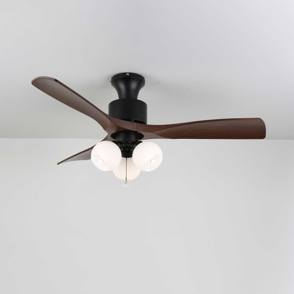 Lumo Orb Ceiling Fan Light with Amber Glass Globes and Walnut Blades