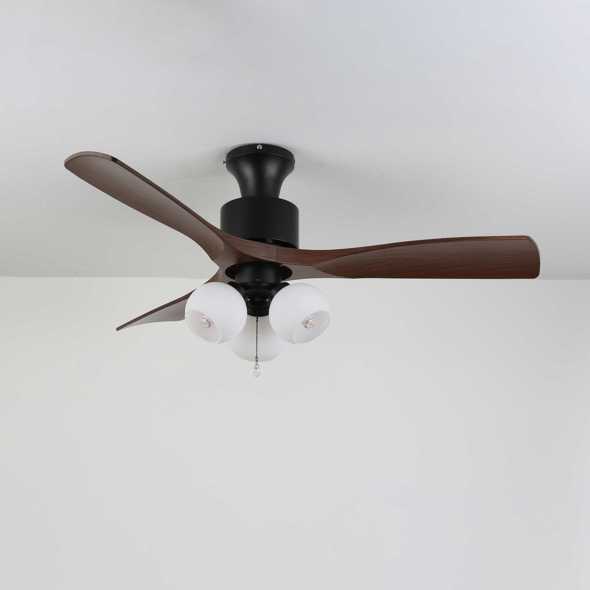 Lumo Orb Ceiling Fan Light with Amber Glass Globes and Walnut Blades