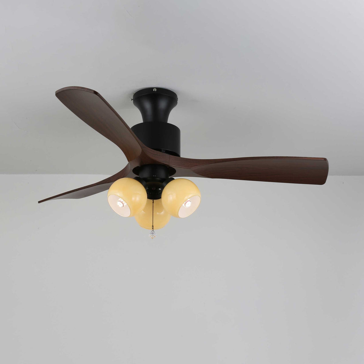 Lumo Orb Ceiling Fan Light with Amber Glass Globes and Walnut Blades