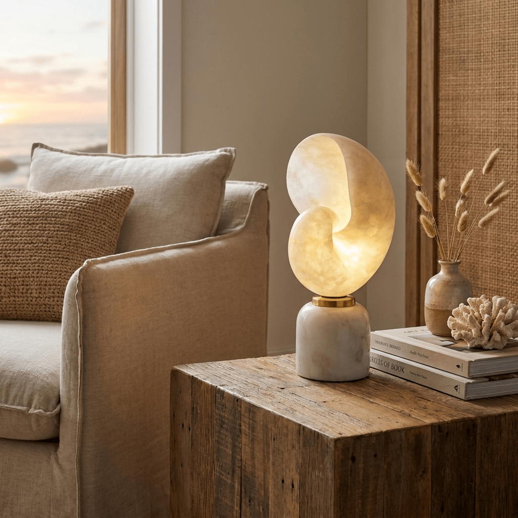 Lumora Shell Table Lamp in Alabaster and Brass by