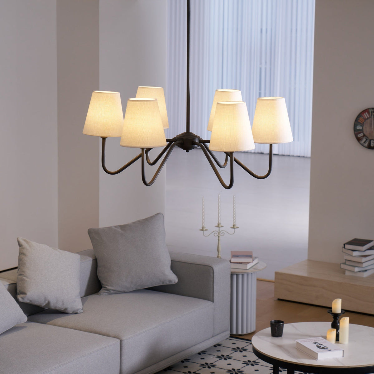 Lumos Black Chandelier – Modern Fabric Shade Pendant Light for Dining Room