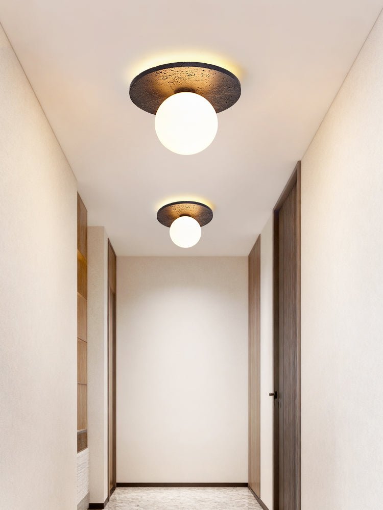 Luna Eruption Flush Mount Ceiling Light in Black Travertine and Opal Glass