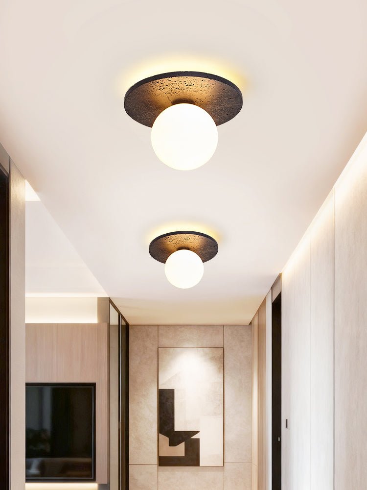 Luna Eruption Flush Mount Ceiling Light in Black Travertine and Opal Glass