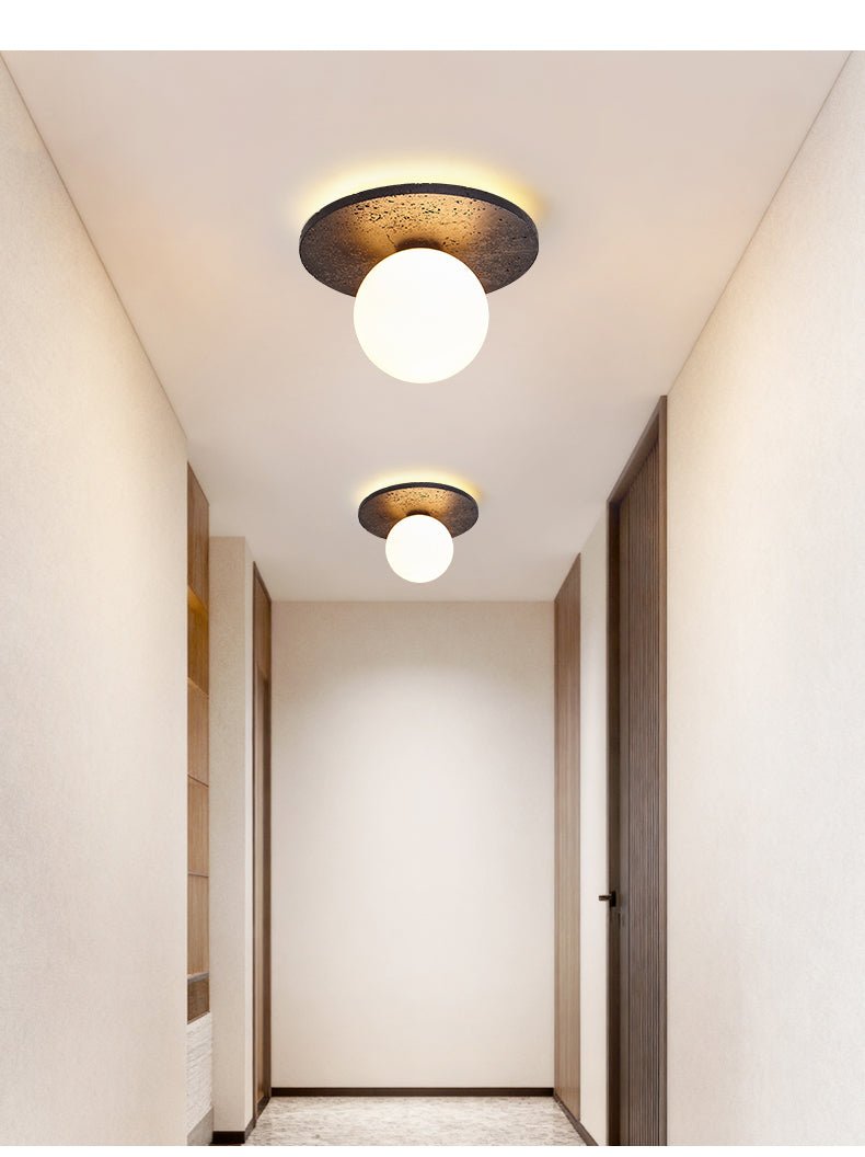 Luna Eruption Flush Mount Ceiling Light in Black Travertine and Opal Glass