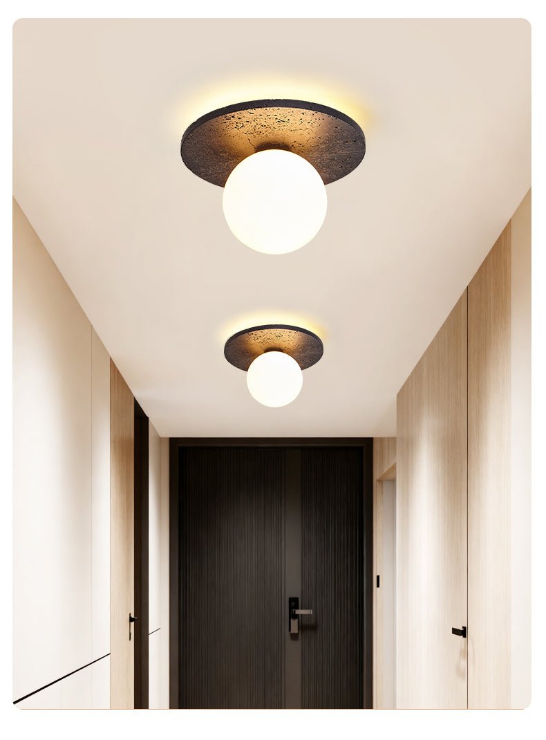 Luna Eruption Flush Mount Ceiling Light in Black Travertine and Opal Glass