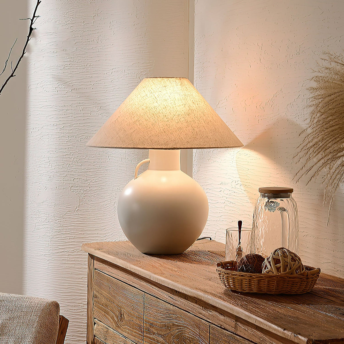 Luna Jug Ceramic Table Lamp with Beige Fabric Shade for Bedroom and Living Room
