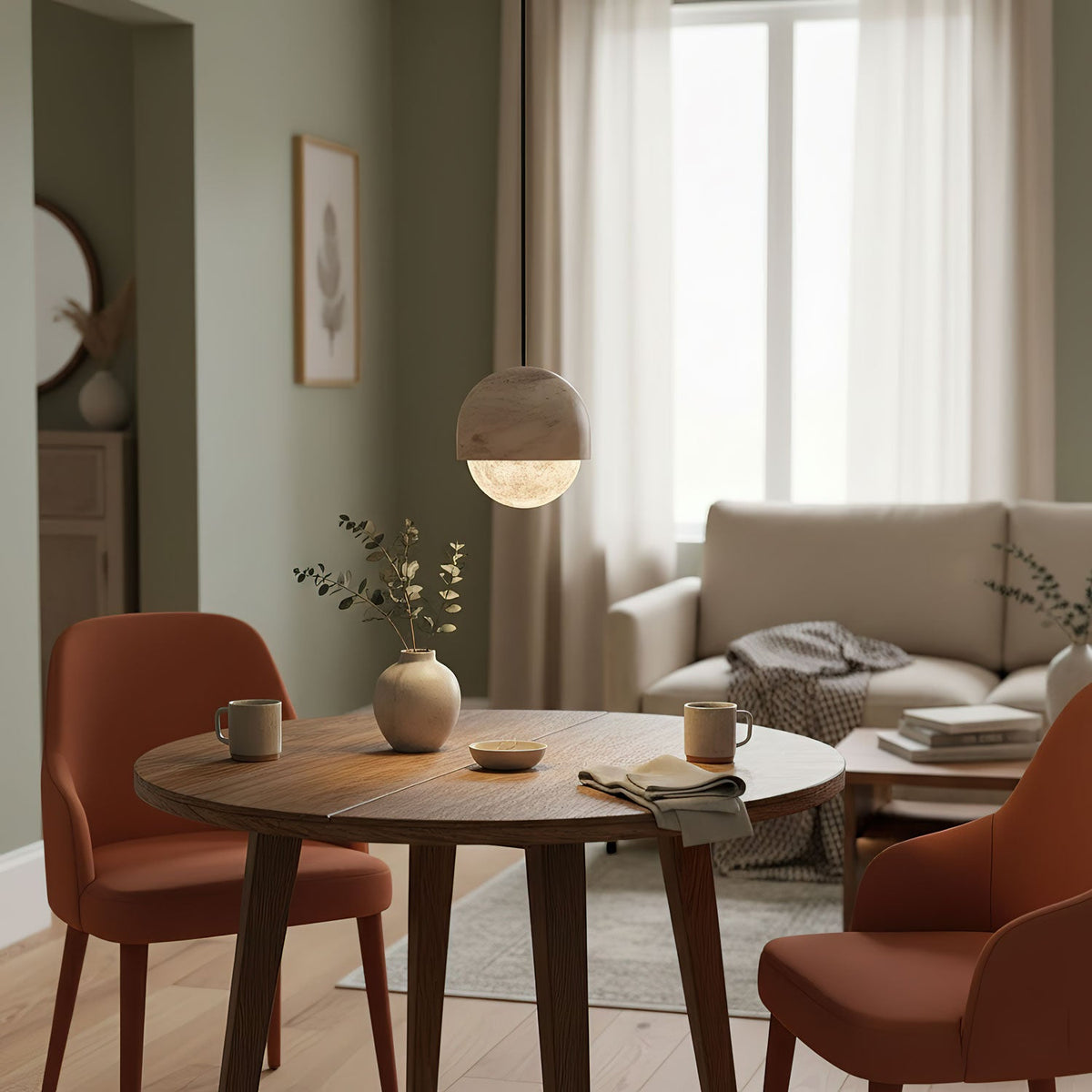 Lunar Dome Alabaster Pendant Light – Modern Minimalist Ceiling Lamp