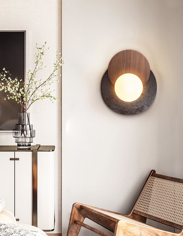 Lunar Embrace Wall Sconce — Black Travertine & Walnut with Opal Glass Globe