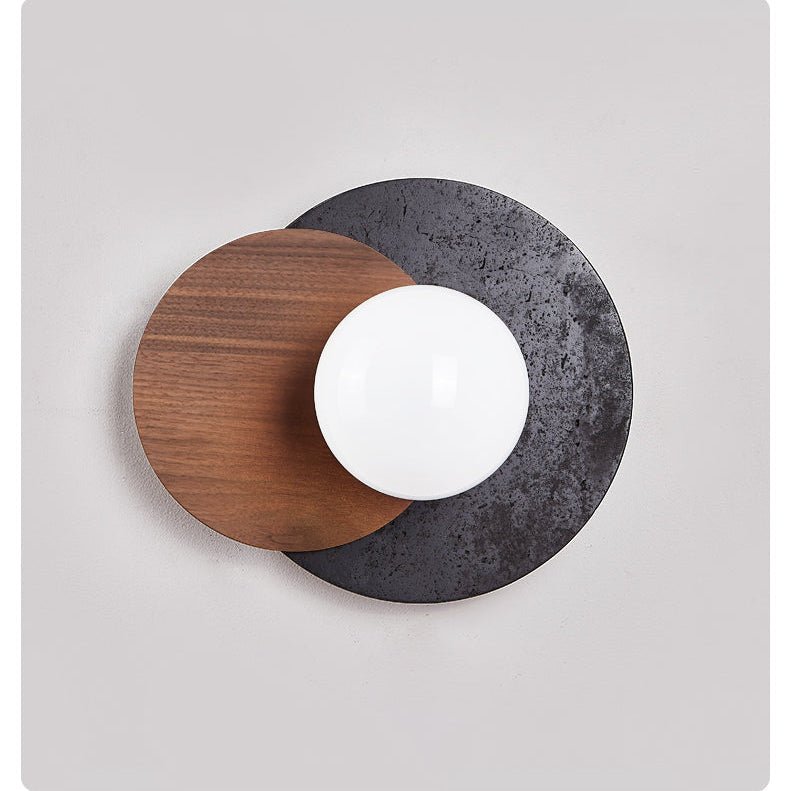Lunar Embrace Wall Sconce — Black Travertine & Walnut with Opal Glass Globe
