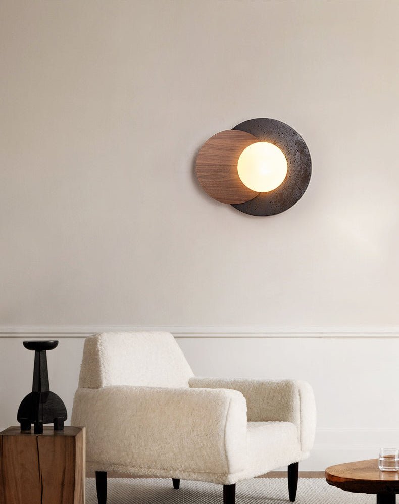 Lunar Embrace Wall Sconce — Black Travertine & Walnut with Opal Glass Globe
