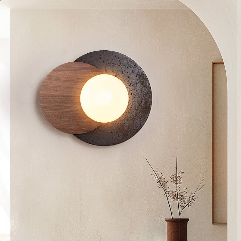Lunar Embrace Wall Sconce — Black Travertine & Walnut with Opal Glass Globe