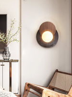 Lunar Embrace Wall Sconce — Black Travertine & Walnut with Opal Glass Globe