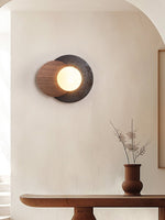 Lunar Embrace Wall Sconce — Black Travertine & Walnut with Opal Glass Globe