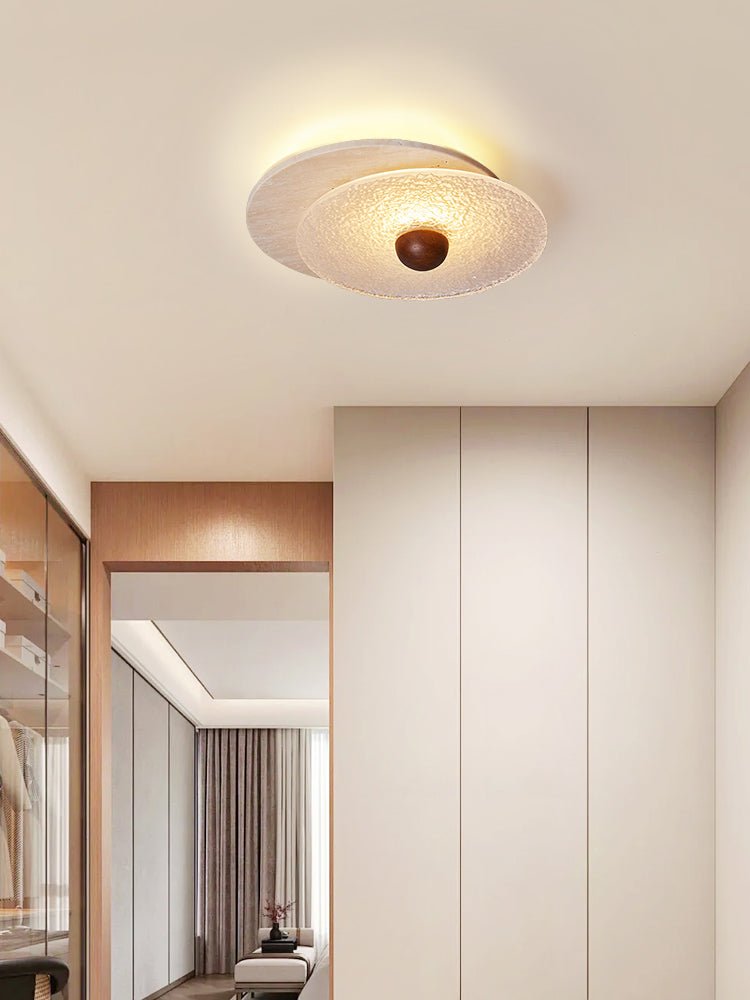 Lunar Ripple Flush Mount Ceiling Light in Travertine and Glass