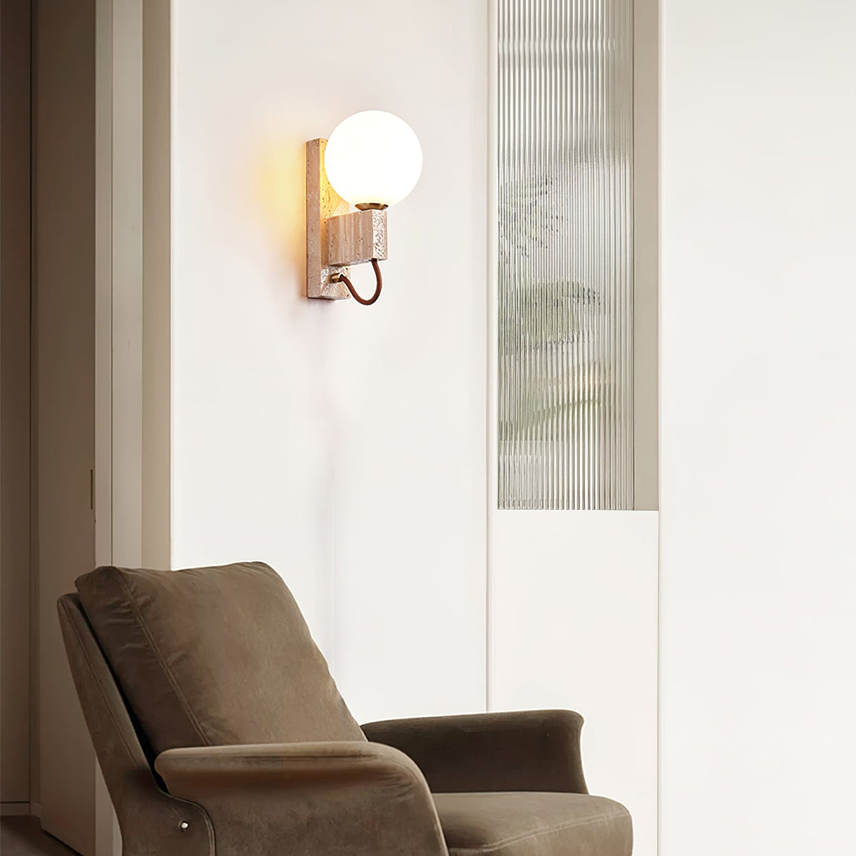 Lunar Travertine Wall Sconce with Opal Glass Globe