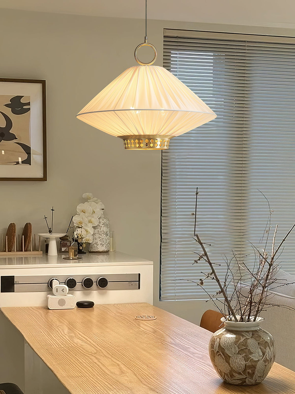 Lunara Pendant Light – Pleated Fabric Shade with Gold Accents