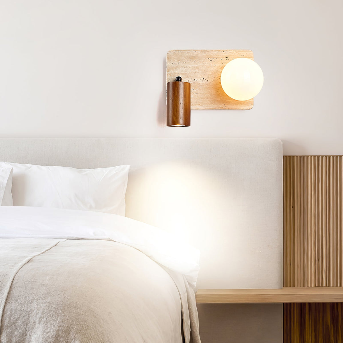 Lunara Duo Wall Sconce in Travertine, Wood & Opal Glass