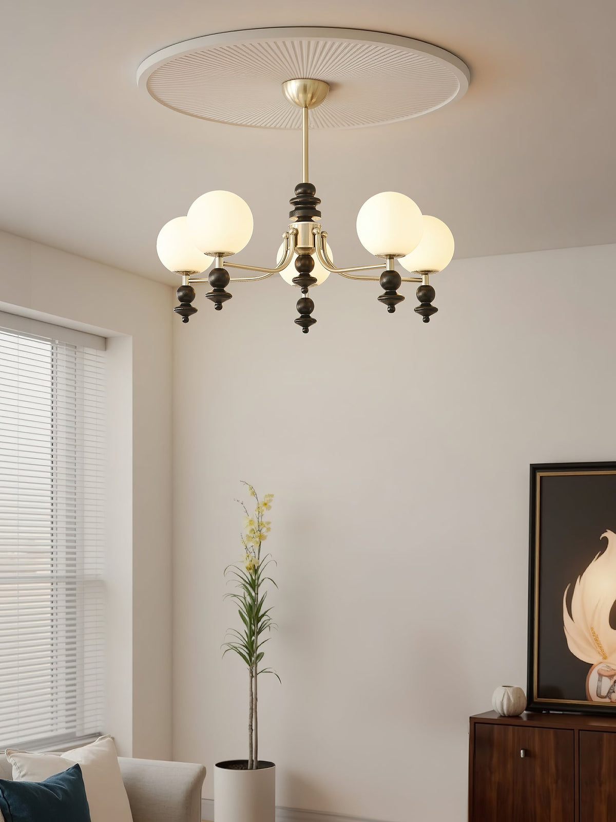 Lunaris Modern Glass Chandelier with Walnut Wood Accents for Dining Room and Living Room