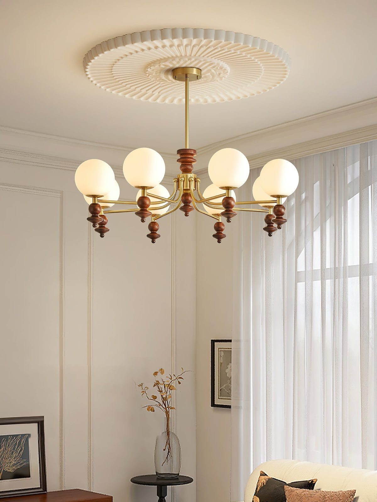 Lunaris Modern Glass Chandelier with Walnut Wood Accents for Dining Room and Living Room