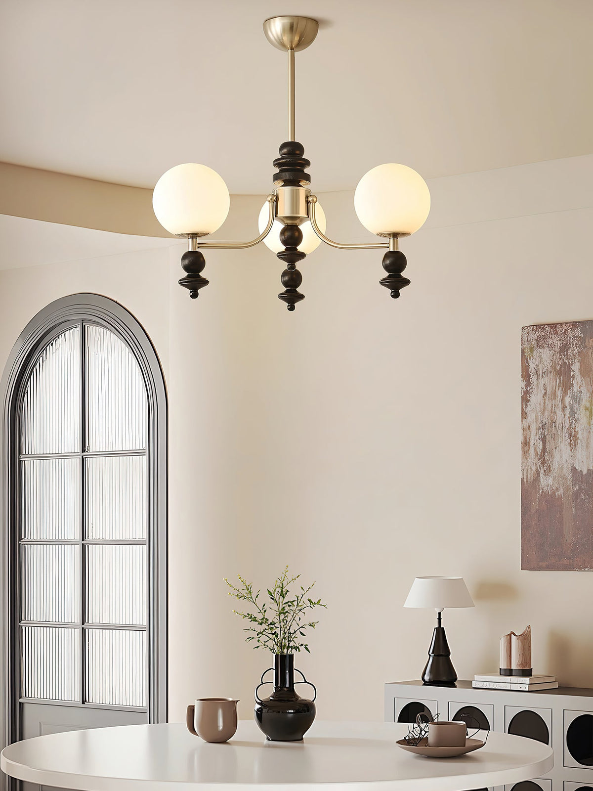 Lunaris Modern Glass Chandelier with Walnut Wood Accents for Dining Room and Living Room