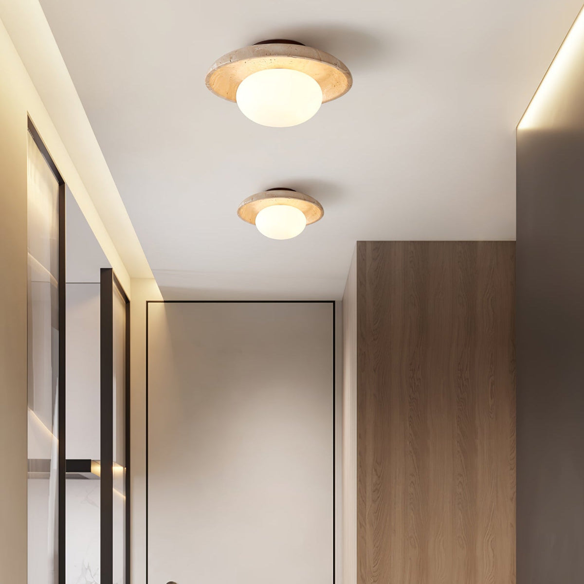 Lunaro Travertine Flush Mount Ceiling Light, Natural Stone & Opal Glass