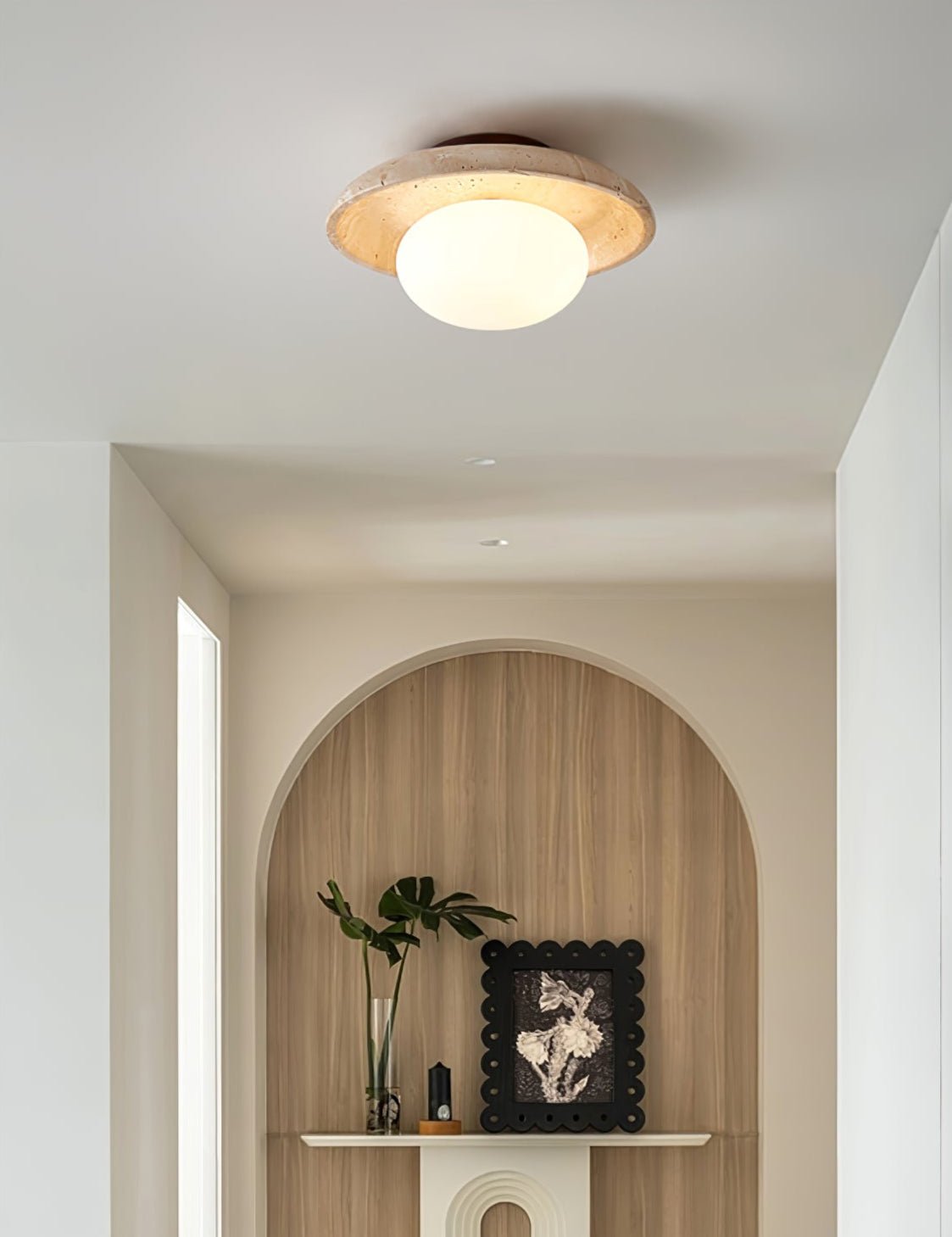 Lunaro Travertine Flush Mount Ceiling Light, Natural Stone & Opal Glass