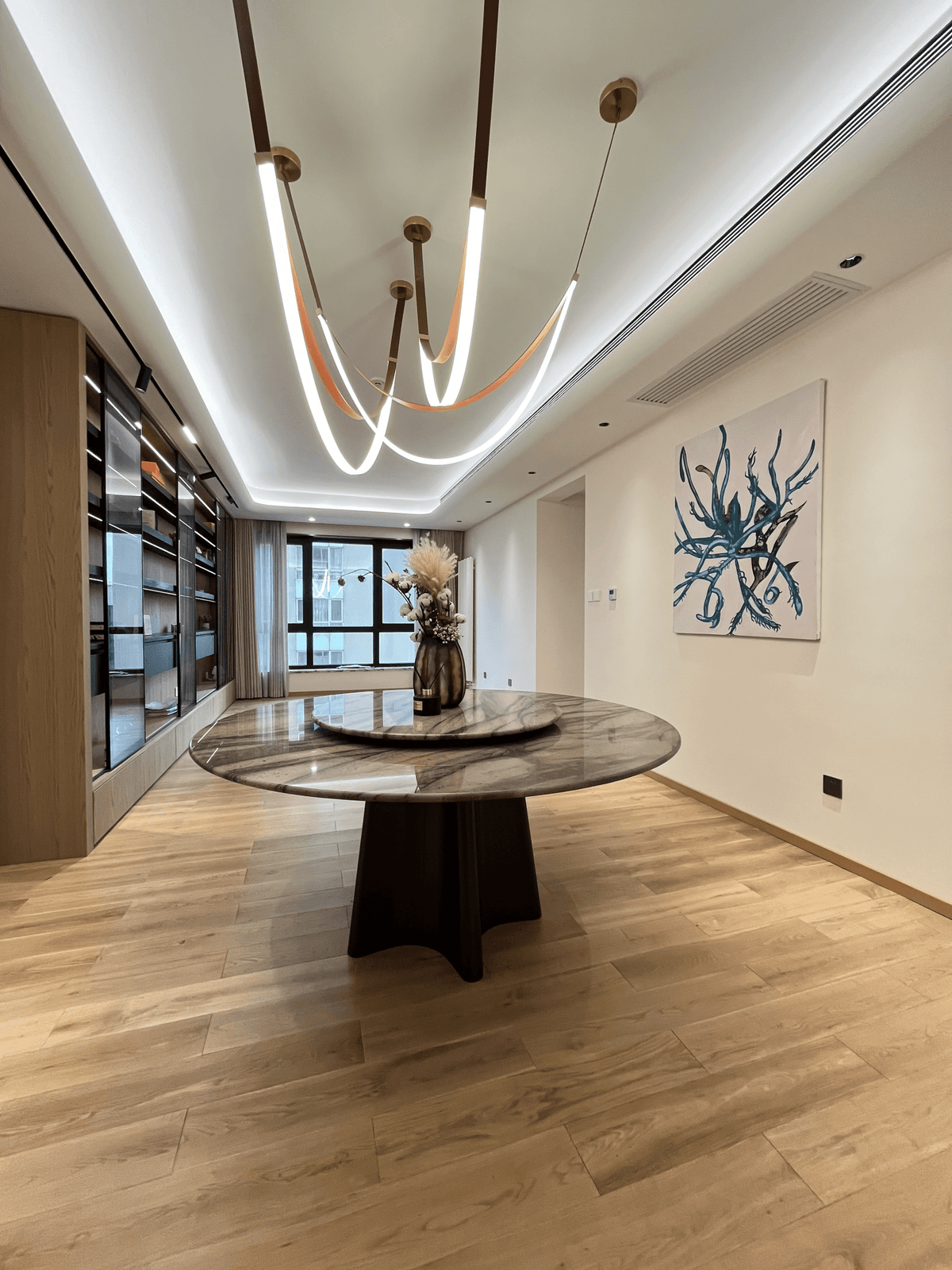 Lunestra Strap Chandelier — Sculptural LED Pendant Light in Leather and Brass
