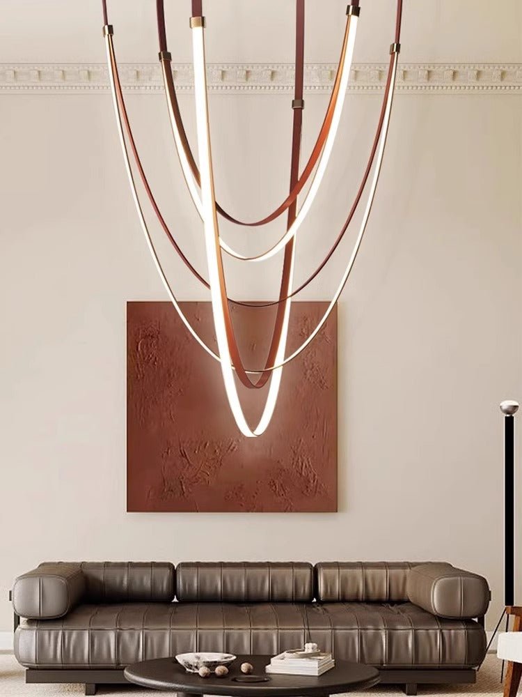 Lunestra Strap Chandelier — Sculptural LED Pendant Light in Leather and Brass
