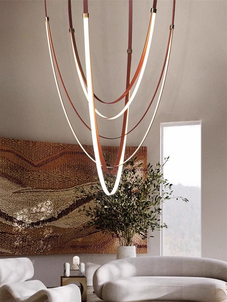 Lunestra Strap Chandelier — Sculptural LED Pendant Light in Leather and Brass