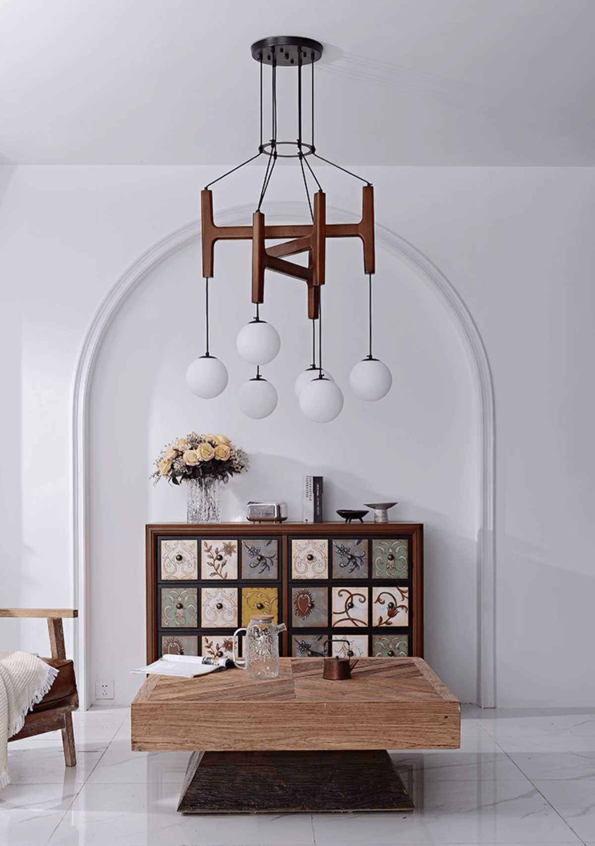 Lunna Orb Chandelier – Modern Wood and Glass Pendant Light